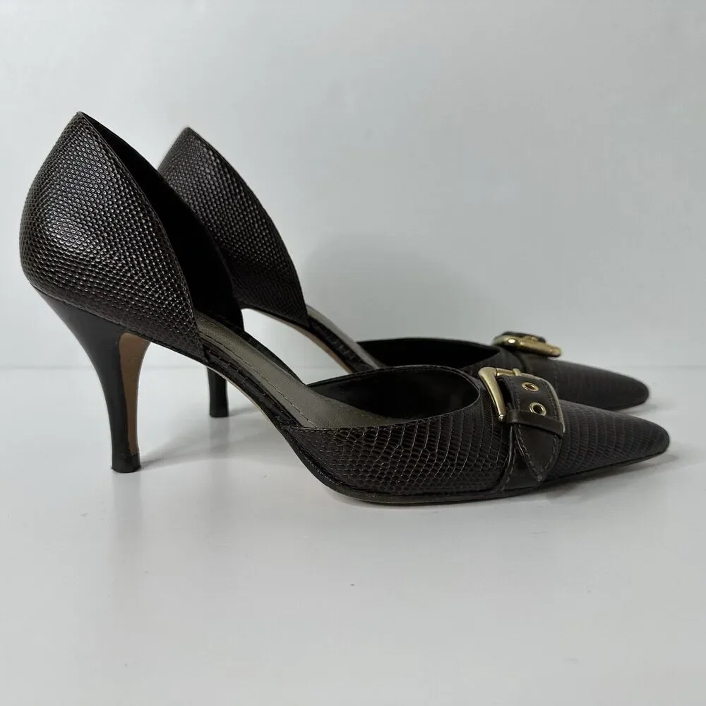 Ann Taylor D'Orsay Pumps 6M Brown‎ Snakeskin Pattern Buckle Pointed Toe 3" Heel - Picture 2 of 16